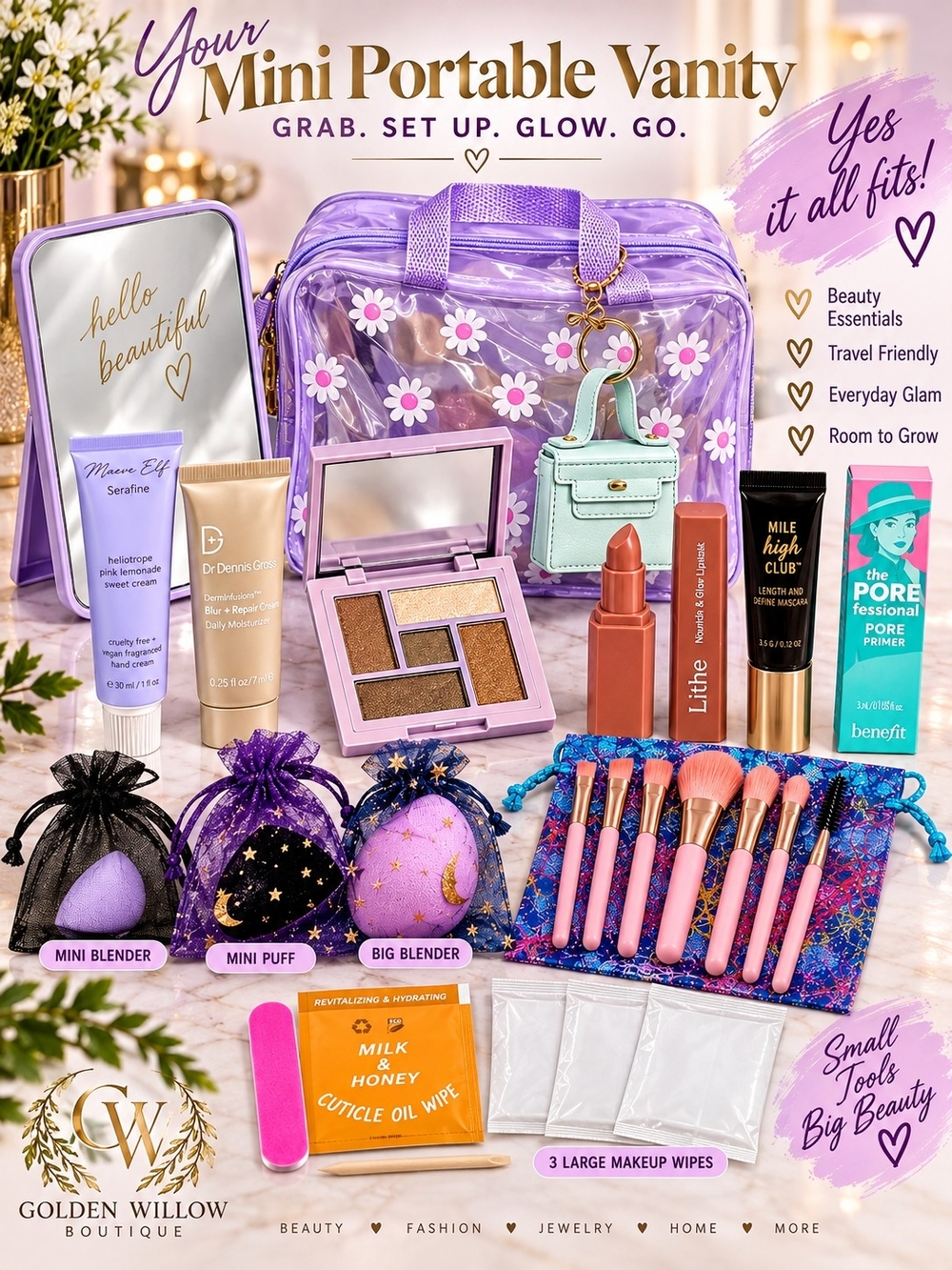 Golden Willow Purple Floral Mini Portable Vanity Makeup Kit